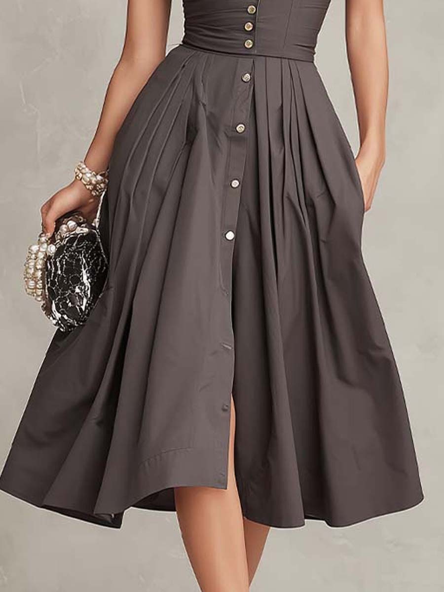 Vintage Taupe Waist-Cinched Button Midi Dress