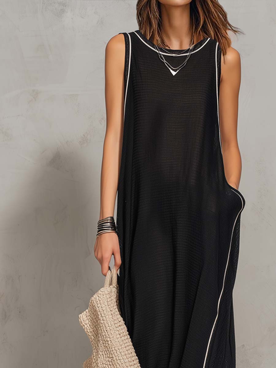 Retro Contrast Trim Sleeveless Maxi Dress