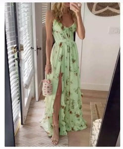 New Hot-selling Chiffon Print See-through Slit Suspender Dress