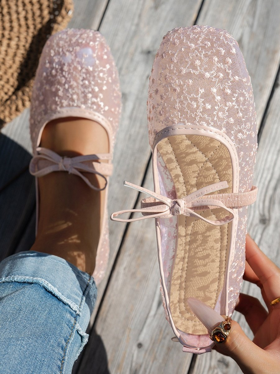 Women's Lace Floral Bow Ballet Flats