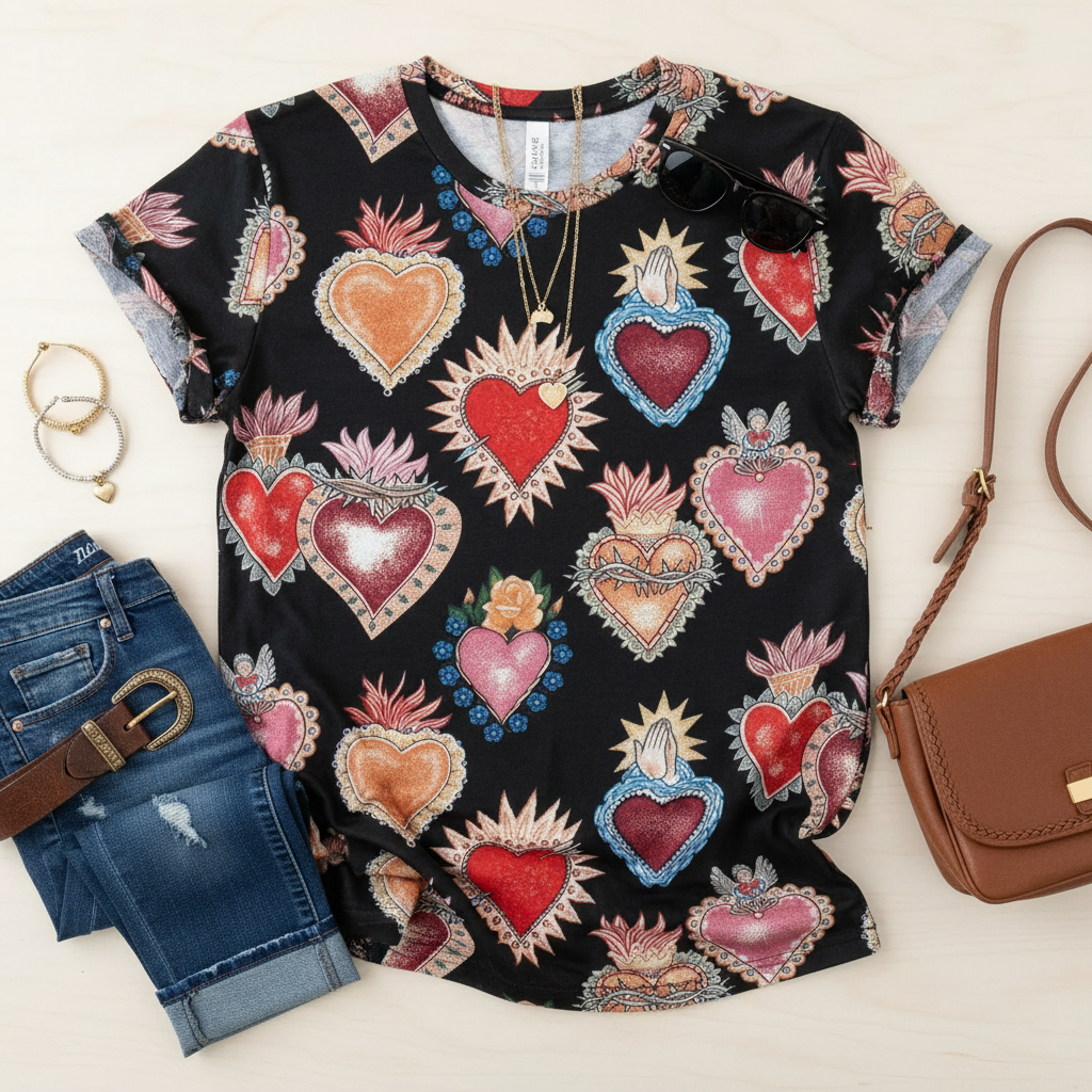Sacred Hearts Print Short Sleeve T-Shirt - Valentine's Day Special Edition