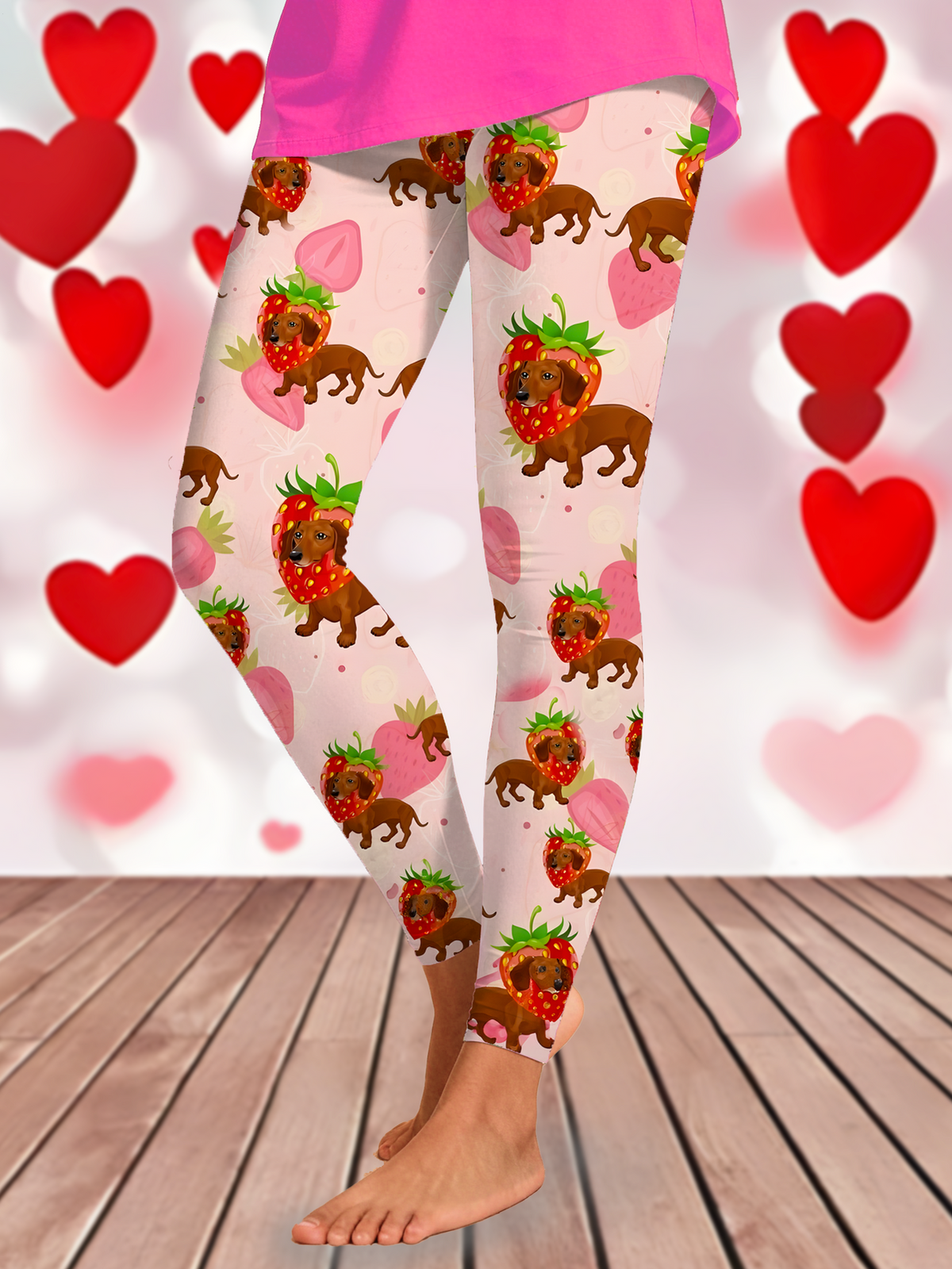 Dachshund Strawberry Valentine's Day Print Leggings