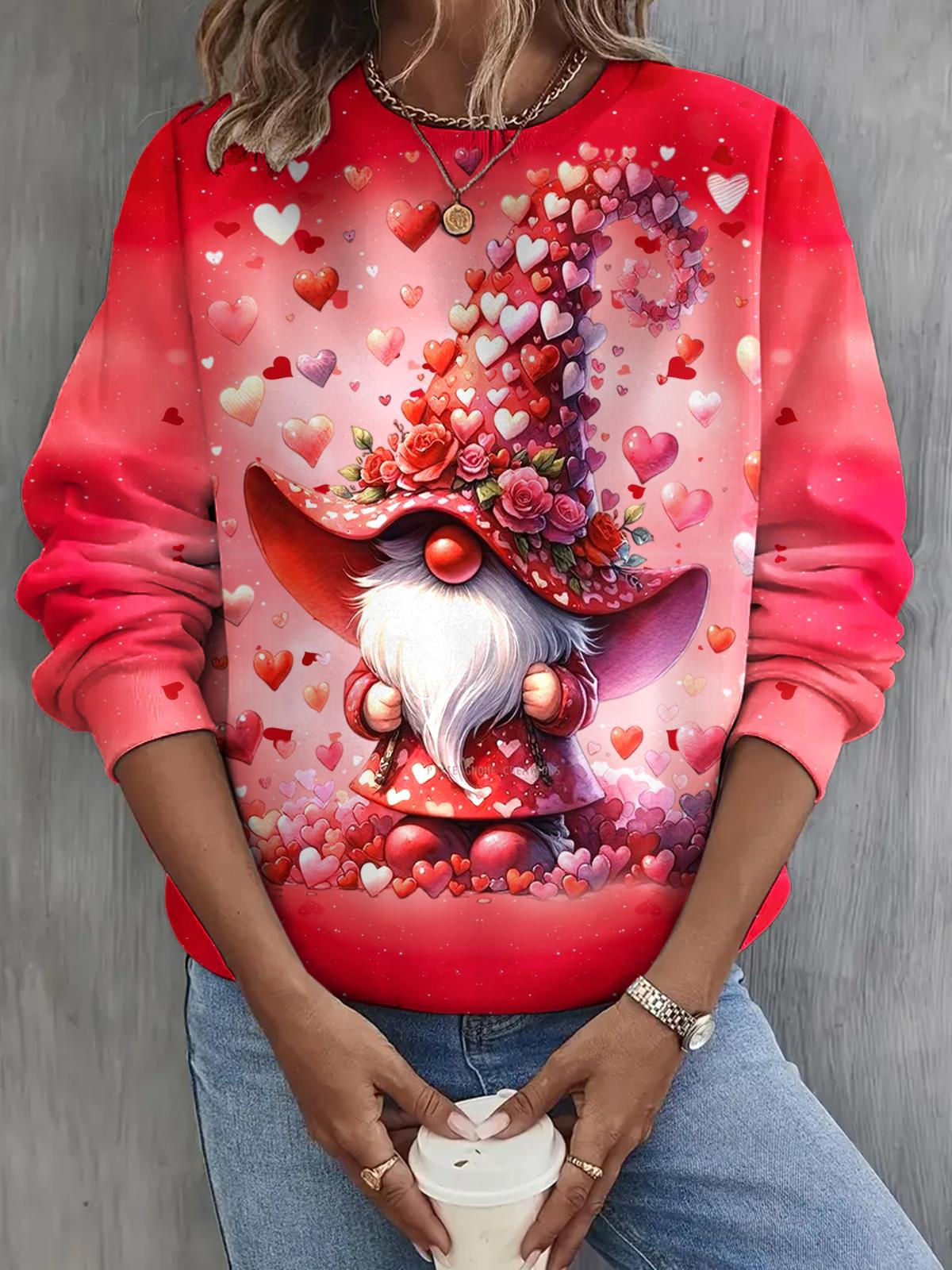 Valentine's Day Dwarf Print Long Sleeve Casual Top
