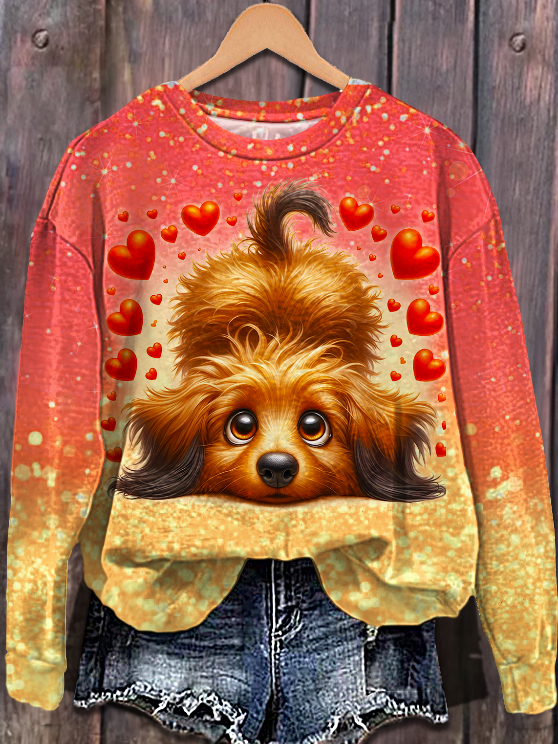 Valentine Goldendoodle Puppy Printed Long Sleeve Casual Top