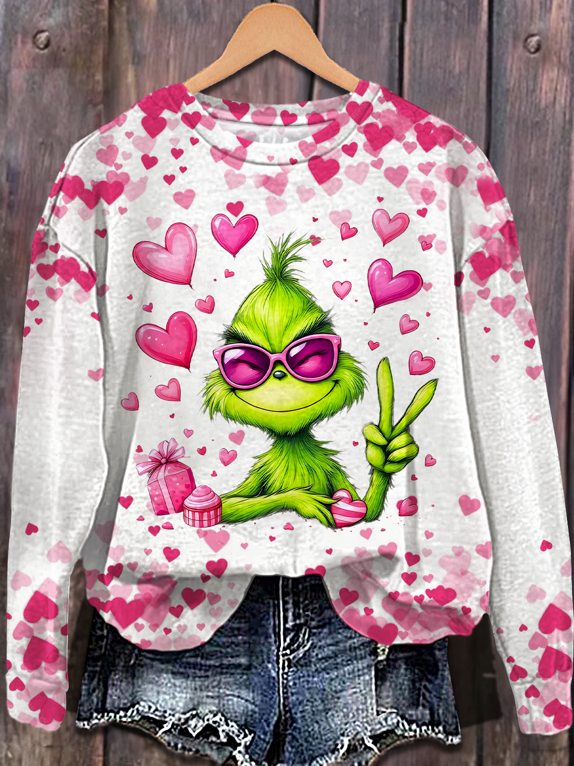 Grinch Valentine's Day Printed Long Sleeve Casual Top