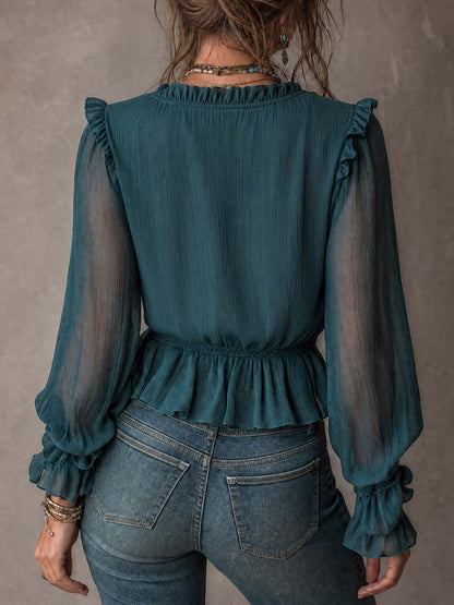 Retro Ruffled Lace Trim Chiffon Blouse