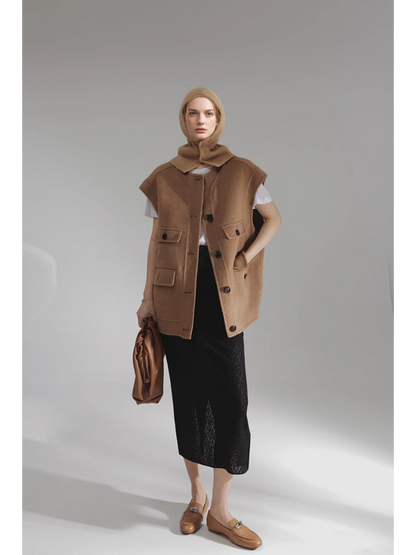 Luxury Camel Hair Vest for Women – Reversible Wool Gilet Winter Sleeveless Coat