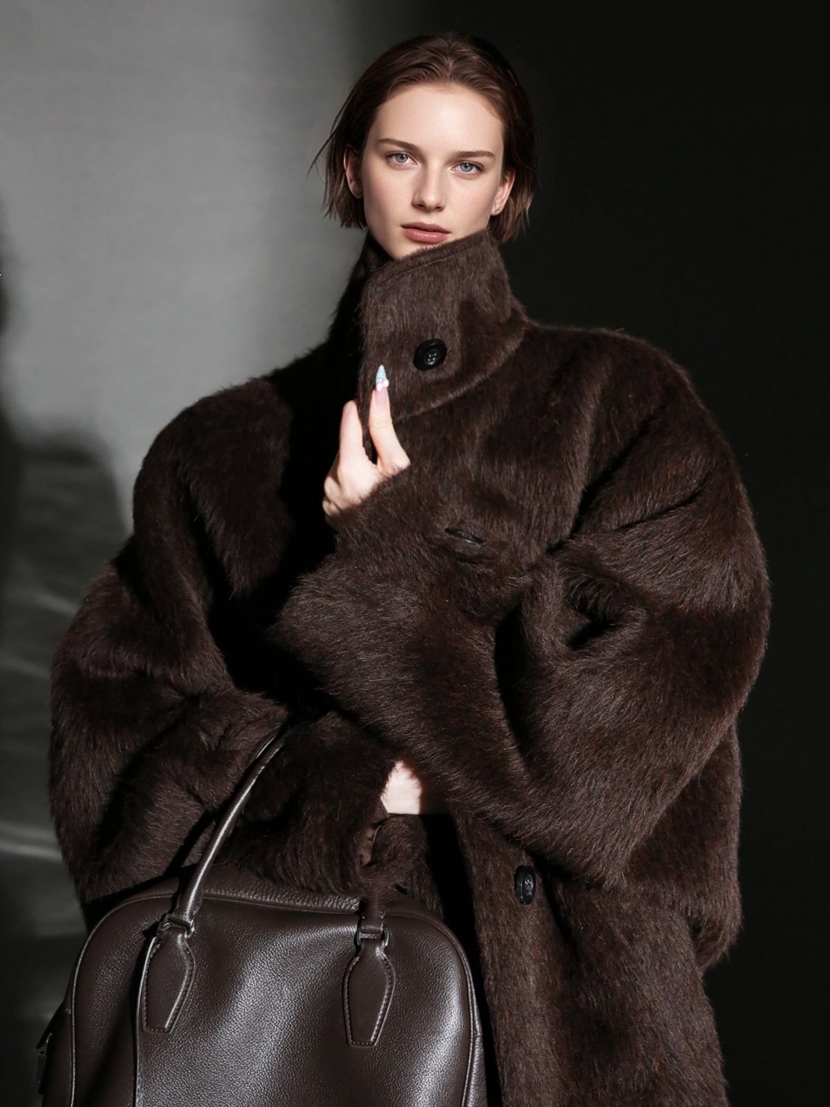 Alpaca Wool Biker Jacket for Women – Stand Collar Suoli Alpaca Coat with Luxe Textured Finish, Winter Chic Outerwear