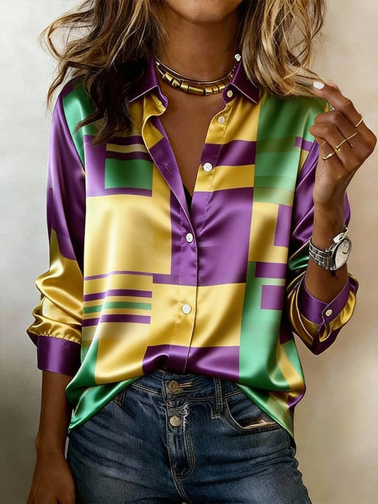 Women'S Casual Lapel Color-Block Printed Shirt