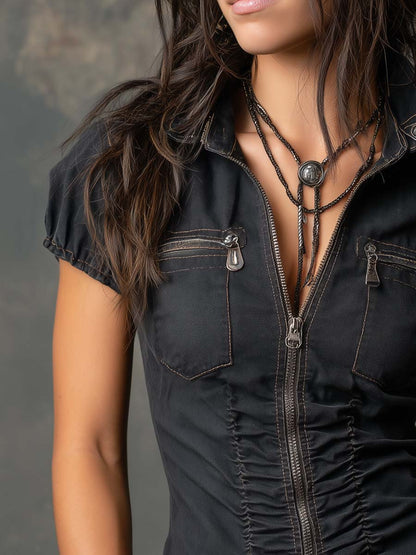Retro Zippered Ruched Front Denim Blouse