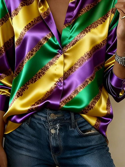 Women'S Casual Lapel Color-Block Printed Shirt