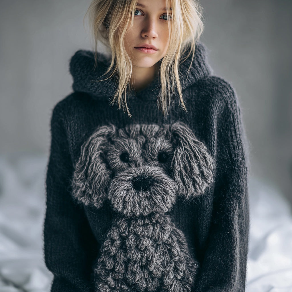Lovely Fuzzy Dog Embroidered Cozy Hooded Sweater