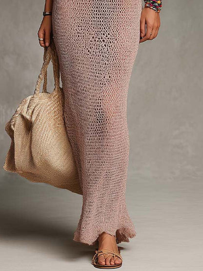 Boho-Vintage Elegant Open-Knit Mesh Maxi Dress