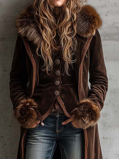 Brown Microfiber Suede Maxi Coat With Faux Fur Trim