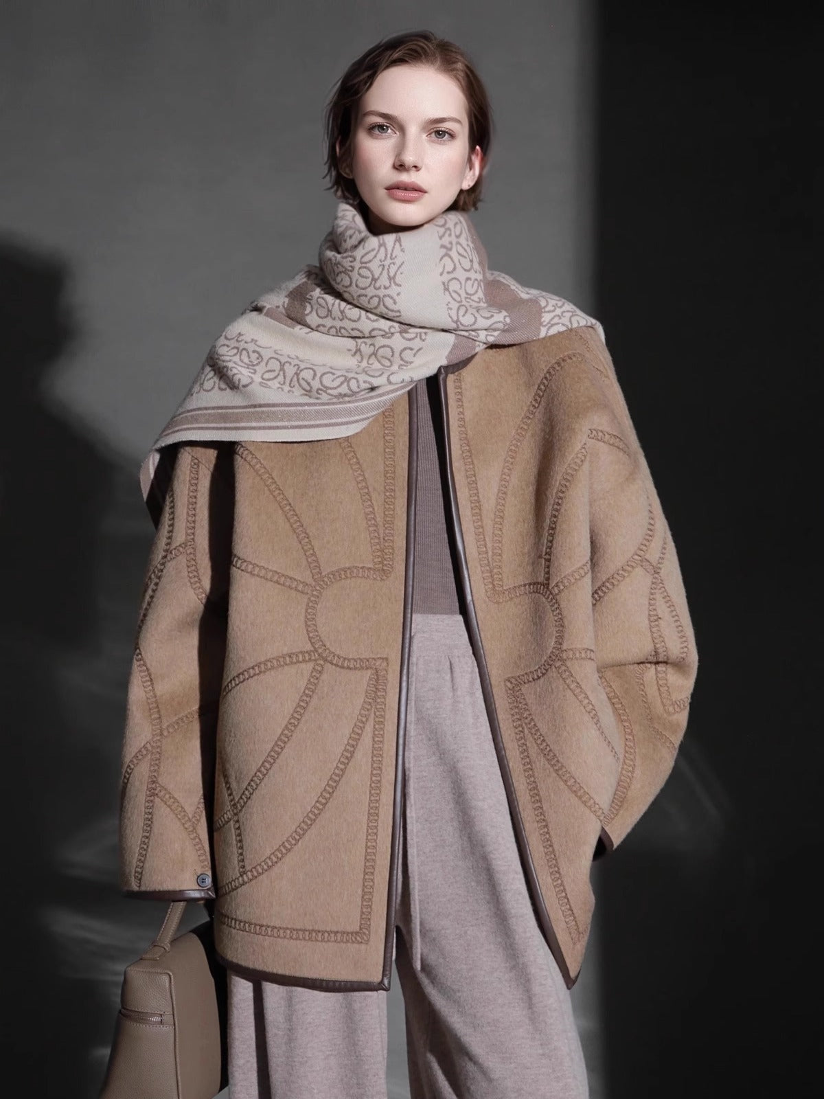 Elegant Wool Coat for Women – Double-Faced Suri Alpaca Blend Overcoat with Chain Motif and Leather Trim