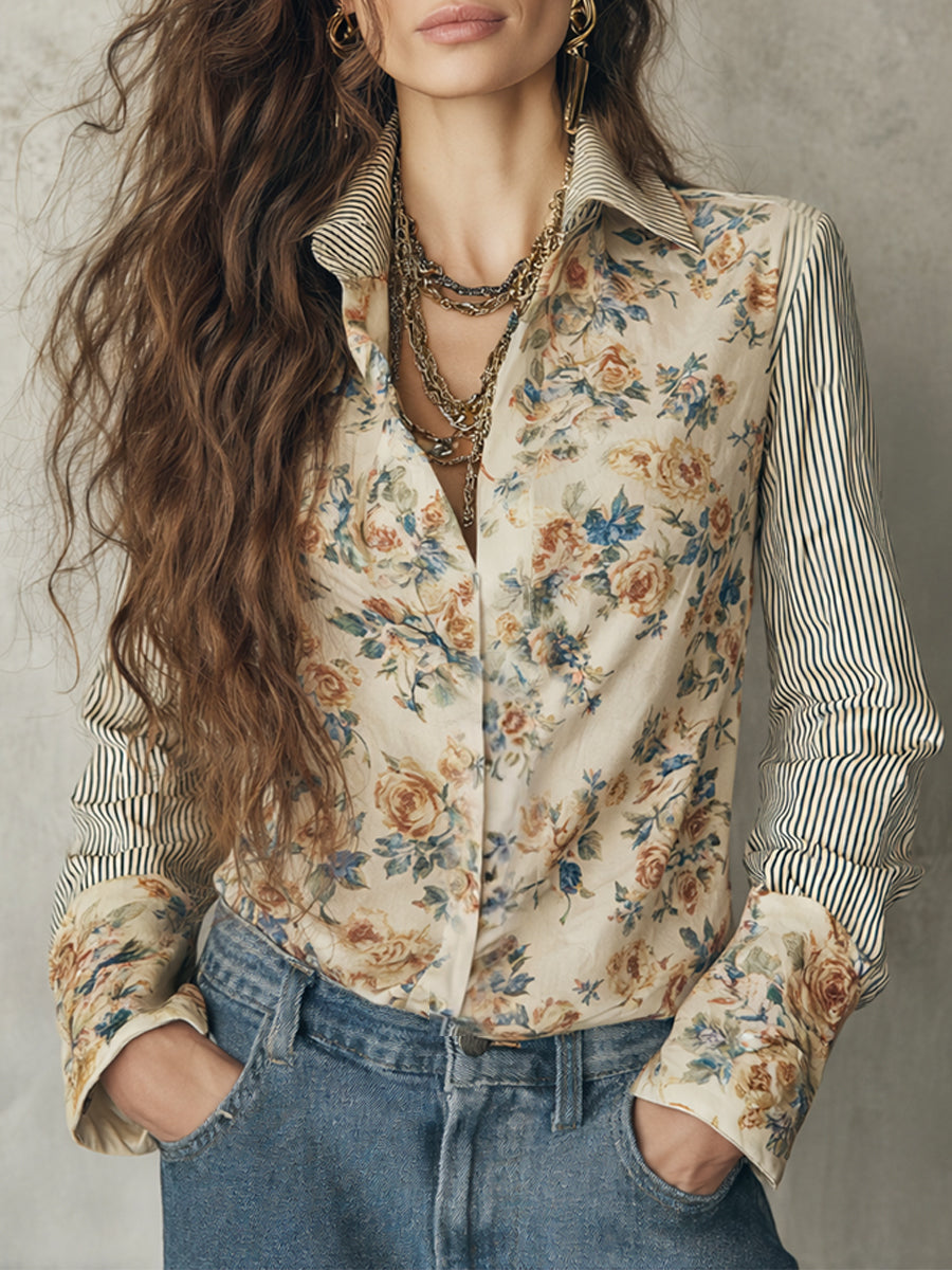 Vintage Striped Floral Print Long-sleeved Blouse