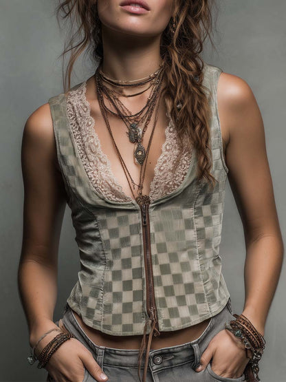 Sage Moss Check Zip-Front Lace-Trim Vest Top