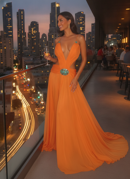 Halter Deep V-Neck Backless Gem-Embellished Chiffon Maxi Dress