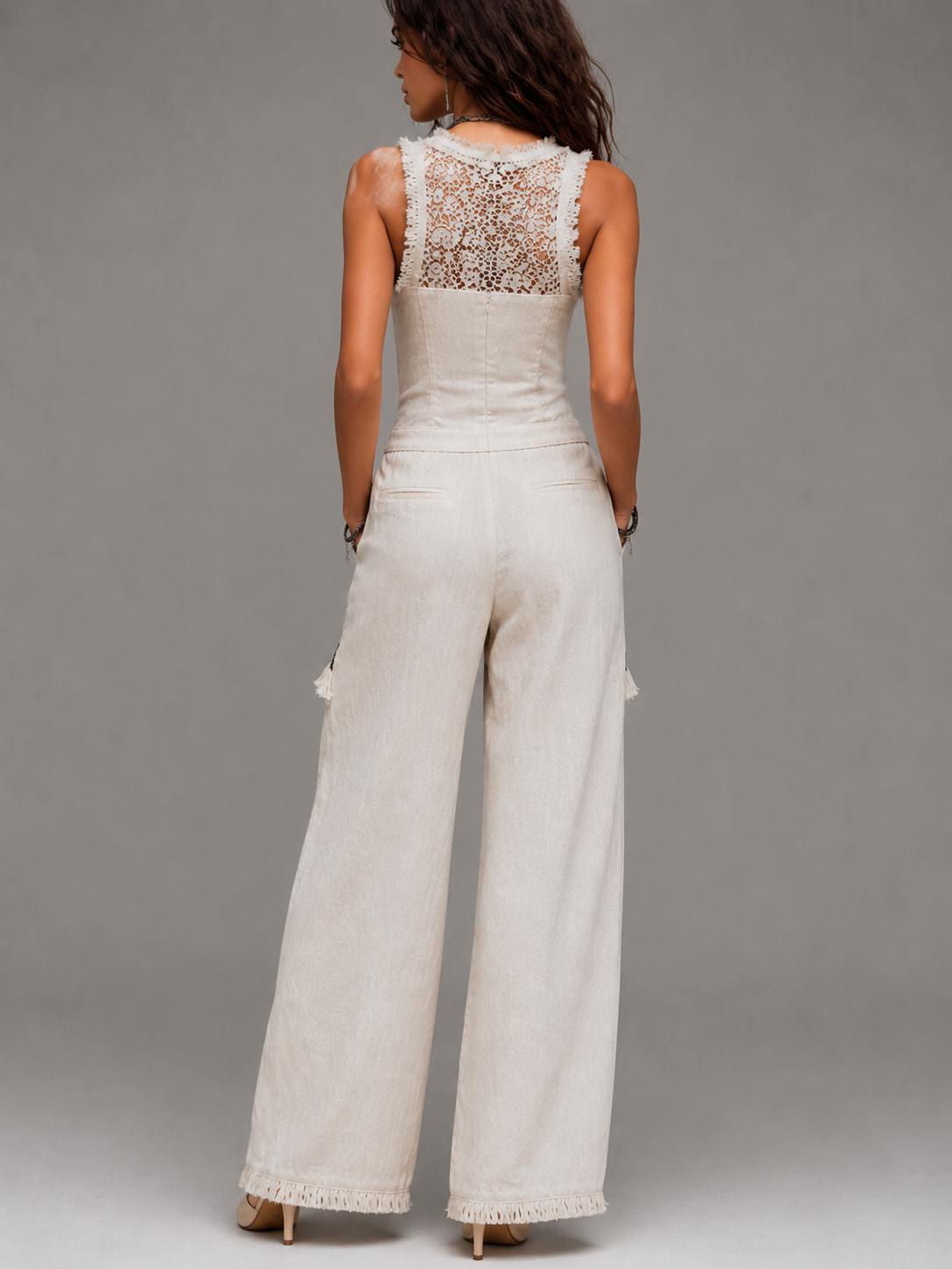Boho Lace V Neck Fringe Linen Wide Leg Jumpsuit