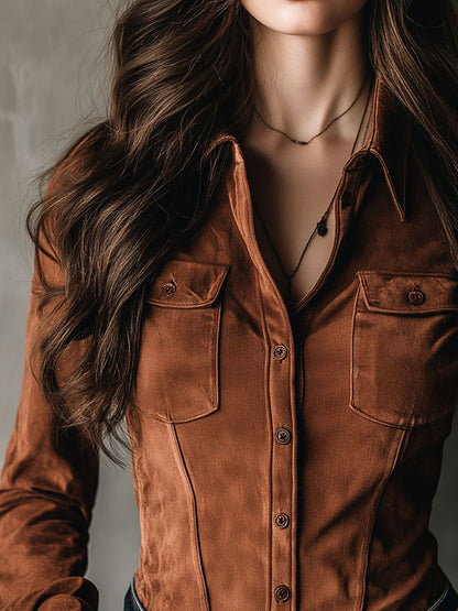 Chic Chestnut Microsuede Button-Up Corset Shirt