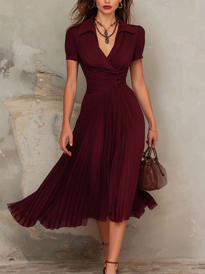 Vintage Pleated V-neck Midi Dress