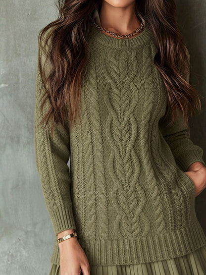 Cozy Chic Olive Green Cable-Knit Sweater Dress With Pleated Hem