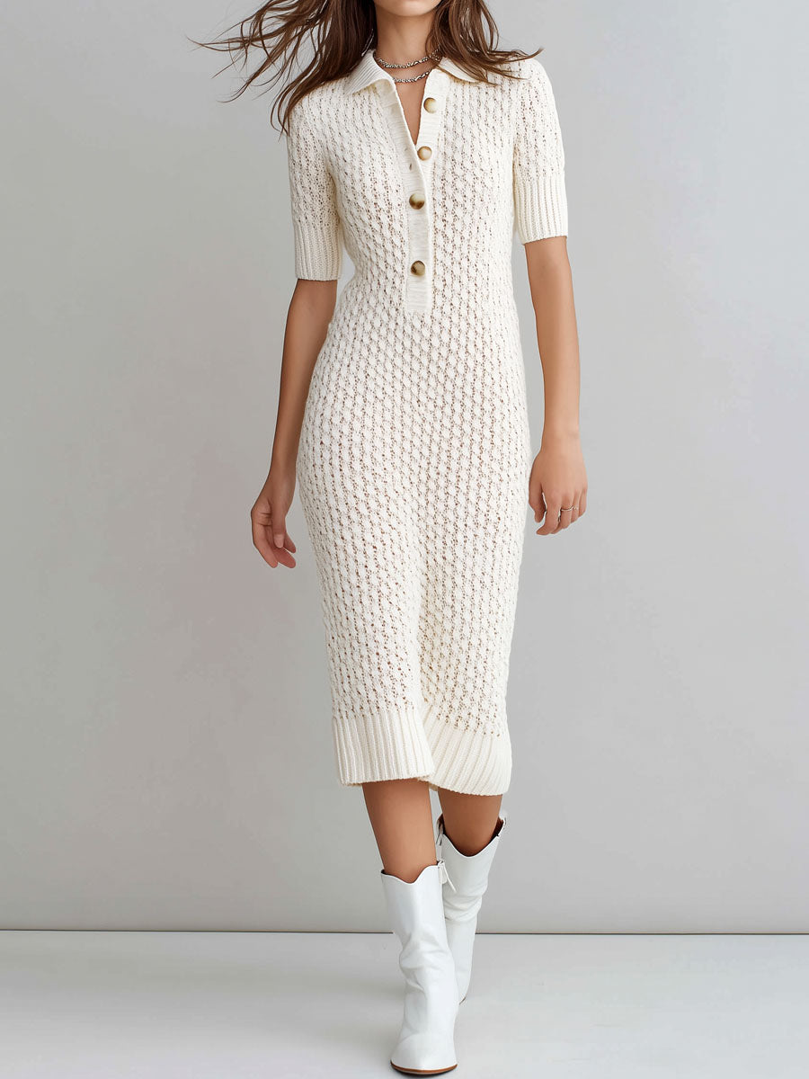 Quiet Luxury Cream Textured Knit Polo Midi Dress