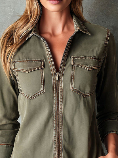 Vintage Army Green Utility Zip Shirt Jacket With Contrast Stitching