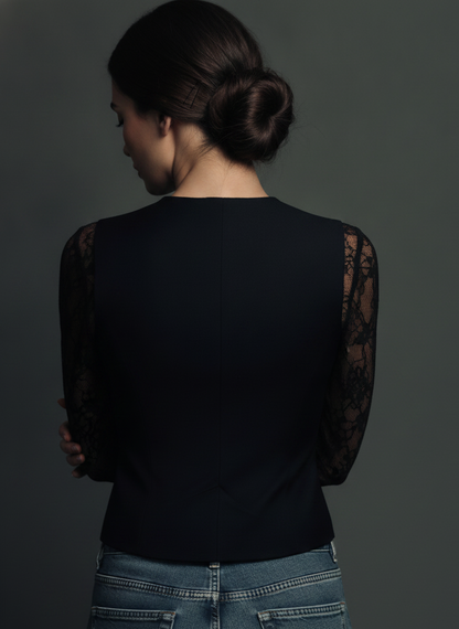 Elegant Black Lace Panel Sleeve Blazer Top Vest