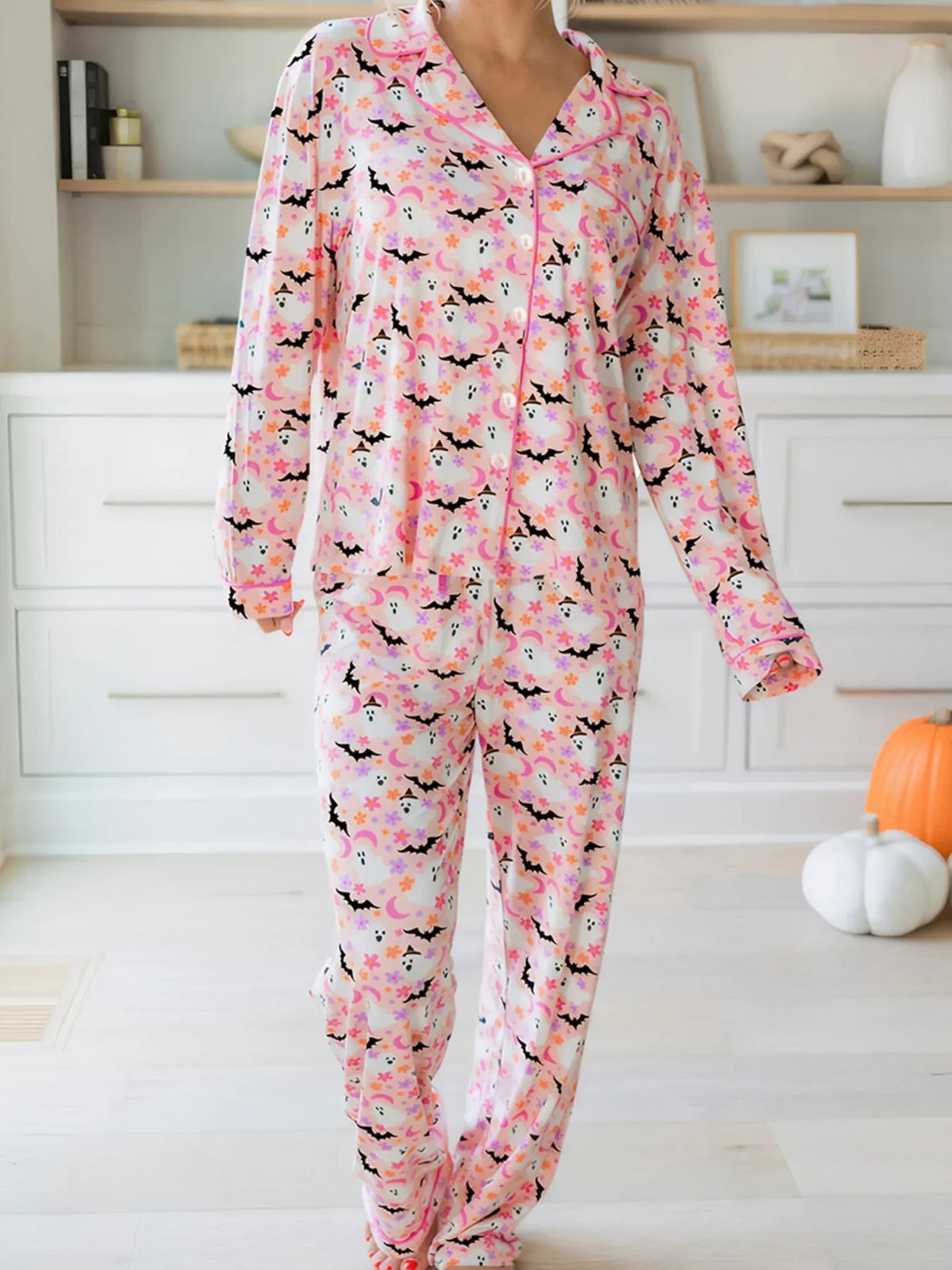Halloween Ghost Print Button Up Top and Pants Lounge Set