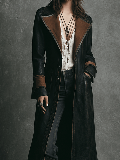 Vintage Brown Contrast Lapel Leather Trench Coat