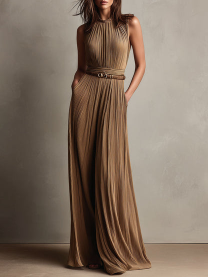 Elegant Bronze Pleated Belted Flowing Maxi Dress