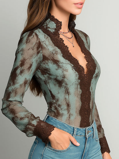 Vintage Mint Green And Brown Lace Patchwork Sheer Shirt