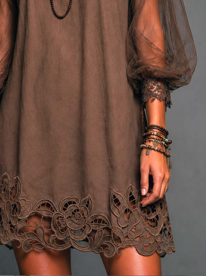 Boho Boat Neck Puff Mesh Sleeve Floral Cutwork Lace Hem Shift Mini Dress
