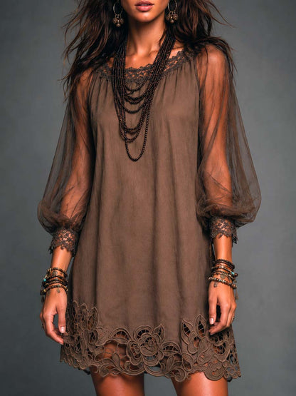 Boho Boat Neck Puff Mesh Sleeve Floral Cutwork Lace Hem Shift Mini Dress