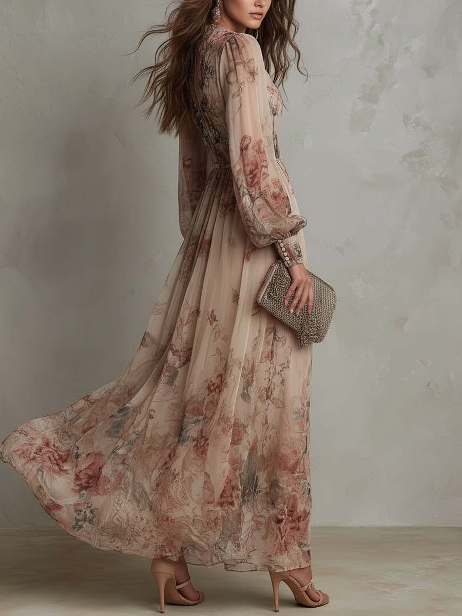Vintage Floral Chiffon High-Neck Maxi Dress