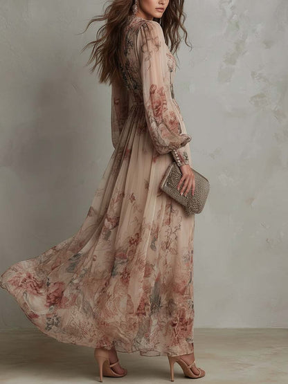 Vintage Floral Chiffon High-Neck Maxi Dress