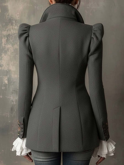 Vintage Wool-Blend Embroidered Tailored Blazer With Ruffled Cuffs