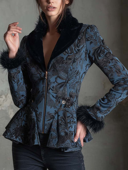 Baroque Floral Print Peplum Jacket