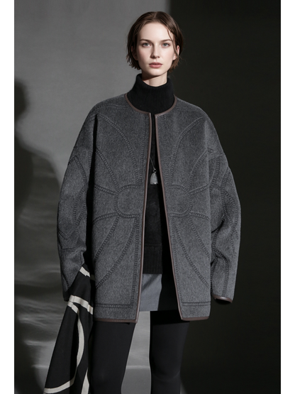 Elegant Wool Coat for Women – Double-Faced Suri Alpaca Blend Overcoat with Chain Motif and Leather Trim