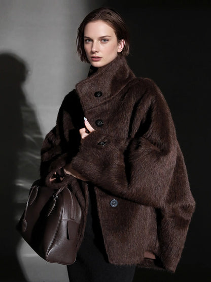 Alpaca Wool Biker Jacket for Women – Stand Collar Suoli Alpaca Coat with Luxe Textured Finish, Winter Chic Outerwear