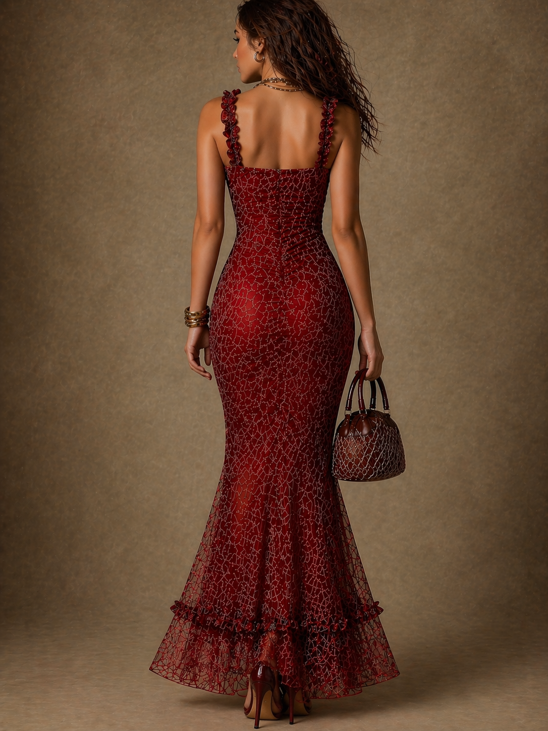 Vintage Red Abstract Print Chiffon Mermaid Maxi Dress
