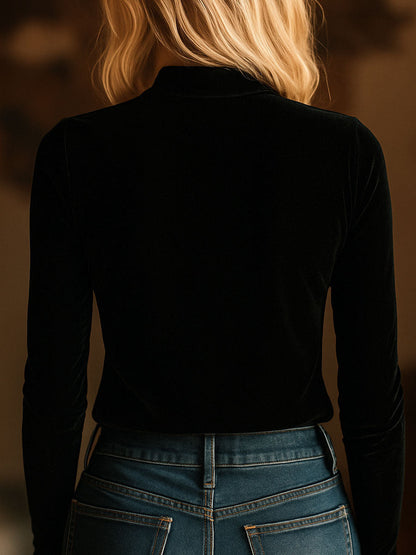 (sale)Elegant V-neck Embroidery Velvet Long Sleeves Top