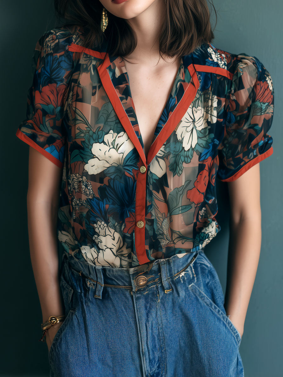 Vintage Sheer Floral Print Blouse With Contrast Trim