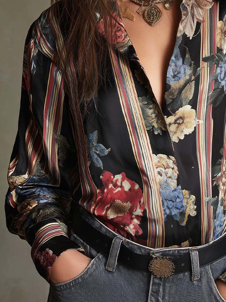 Vintage Boho Floral Stripe Blouse