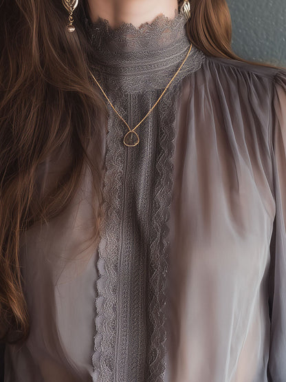 Elegant Chiffon Stand Collar Lace Splicing Blouse