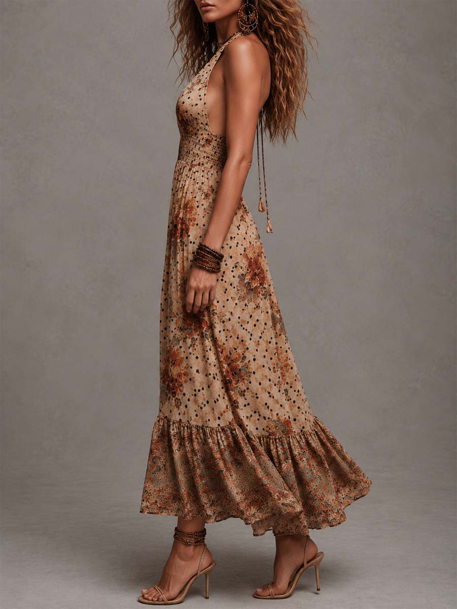 Bohemian Floral Polka Dot Halter Maxi Dress