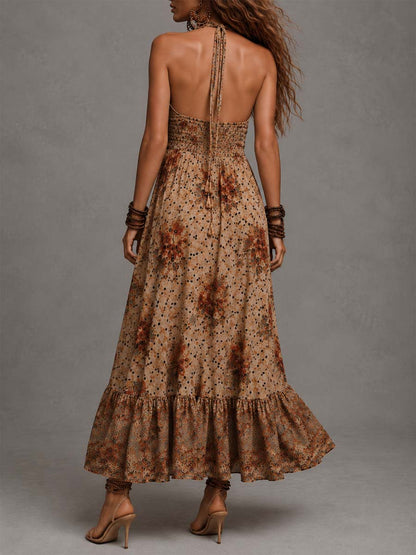 Bohemian Floral Polka Dot Halter Maxi Dress