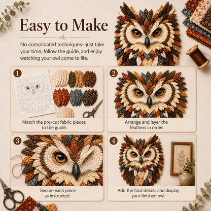 🦉 Layered Fabric Owl Wall Art DIY Kit – Complete Kit Included ✂ Pre-Cut Pieces • Glue or Stitch Your Way
