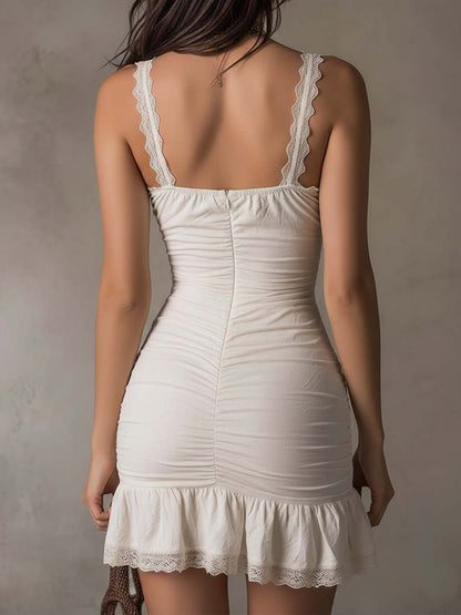 Boho Vintage Lace-Trim Ruched Cotton Mini Dress